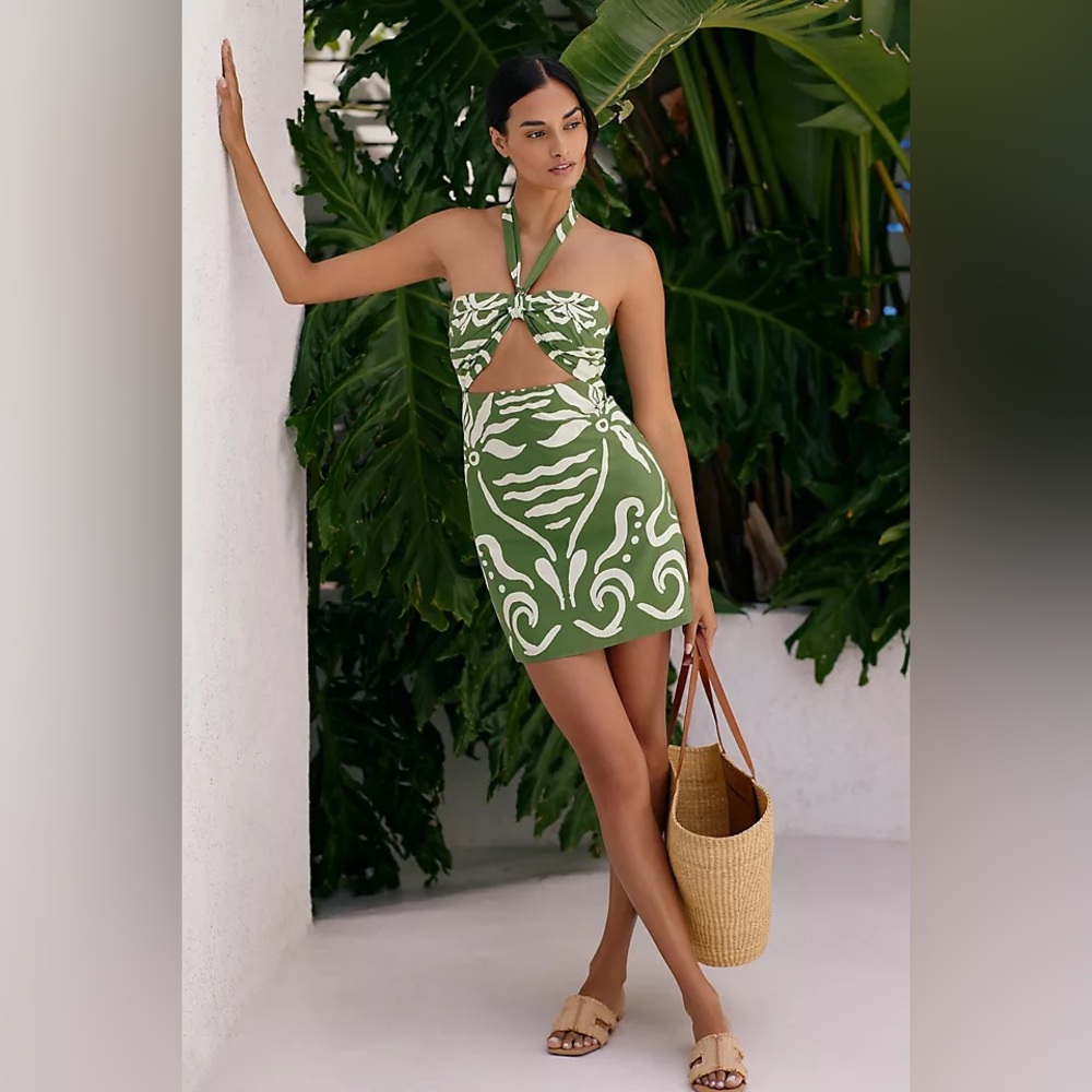 Commense Green and White Halter Cutout Mini Dress